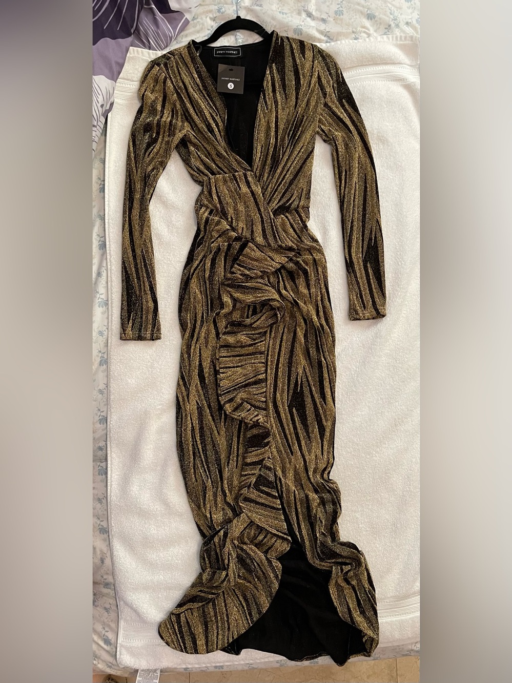 Gold Metallic Ruffle Maxi Dress - Women Dresses Maxi